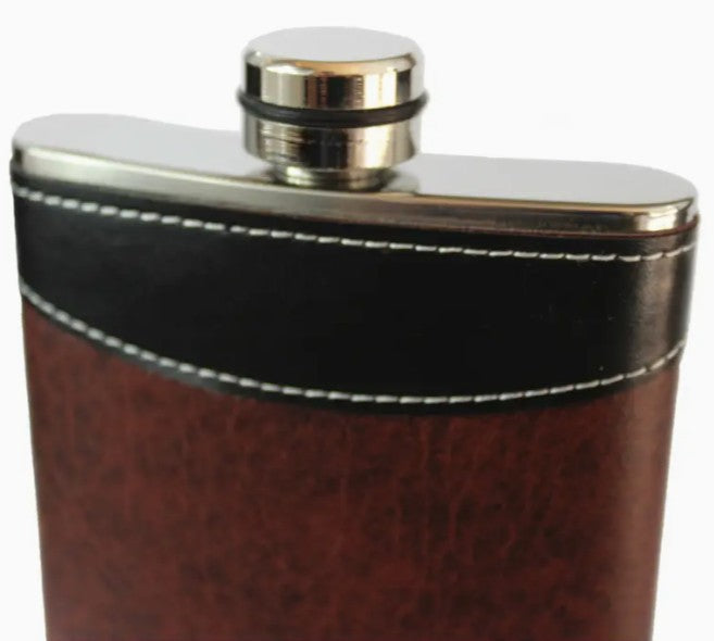 Leather wrapped Stainless Flask - Custom Laser Engraved with your design
